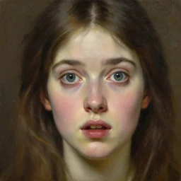 a girl, face expressing a disbelief, oil on canvas, artstation, by j. c. leyendecker and edmund blair leighton and charlie bowater, beautiful face, octane, very aesthetic!!!!!!!!!!!!!!! stunning gorgeous big eyes