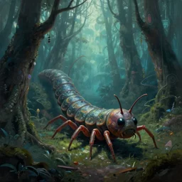 centipede monster - trees in futuristic spiritual mystical post apocalyptic forest by zdzisław beksinski, dim painterly volumetric aquatic lighting, beautiful, crisp, artstation, highly detailed