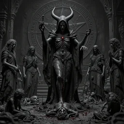 cinema 4 d monochrome cinematic render, satanic, baphomet, cult, black mass, sacrifice, blood souls, humanoid, spirits and souls, hooded robbed dark ceremony, black mass, extremely detailed, insanely detailed and intricate, high detail, ordo templi orientis background, depth field, unreal engine, deep focus, movie still, dramatic lighting, by michal karcz and yoshitaka amano, 4 k concept art and hyper realism