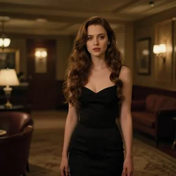 style artgerm, dean cornwell, ellen jewett : : dimly lit hotel lobby : : lobby of a hotel : : lobby : : beautiful anna kendrick with black dress, very long wavy brown hair : : detailed, cinematic lighting