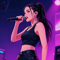 lady rapper performing on stage, waist up, side of frame, digital art, vapor wave, hip hop, trending on Artstation, professional artist, detailed, 4k
