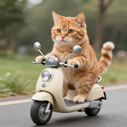 a ginger cat riding a scooter