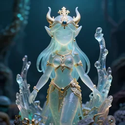 cartoon feminine guardian spirit of the abyssal zone. translucent resin sculpture, backlighting, depth of field, 4 k, metallic filigree details, g rated