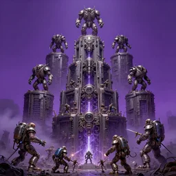 airbrush, purple theme, of 4 character, tiered flayed god machines, cluster tiered heirarchy, battle chaos, mainframe hydrocracking battles, medical chromed, dystopian, by wayne d barlowe, h r giger, simon bisley & boris vallejo, enric torres, hyper realism, narrative light, muted colors, epic, hyper detailed, awe inspiring, award