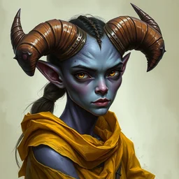 a shy purple skin horned tiefling woman, ( ( with yellow clothes ) ), gentle portrait by daniel docciu and christophe young