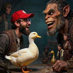 concept art, a beautiful highly detailed heritage young ducktail bearded moroccan with wayfarer glasses and red baseball hat in the dark laughing at a man with giant orcish head, cinematic moody colors, realistic shaded lighting poster by ilya kuvshinov, magali villeneuve, artgerm, jeremy lipkin and michael garmash and rob rey