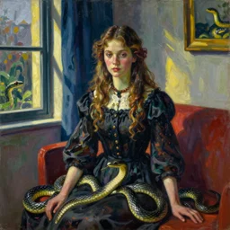 a painting by edward hopper and henri rousseau of a young russian woman in a room full of snakes