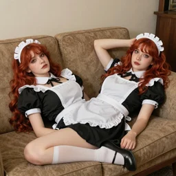 of Moria the redheaded hot maid from American Horror season 1 laying on the couch with her skirt pulled up extremely high quality 8k photorealistic