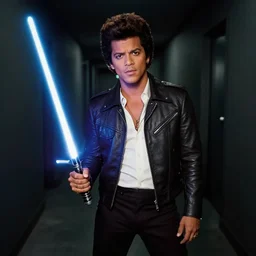 Bruno Mars in a dark corridor holding a lightsaber