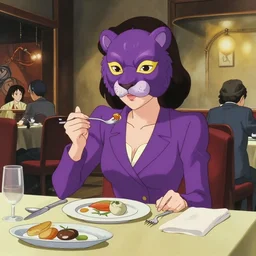 a woman wearing a purple dress suit and a purple lion mask eating dinner at a fancy restaurant in Tokyo, anime film still from the an anime directed by Katsuhiro Otomo with art direction by Salvador Dalí, wide lens