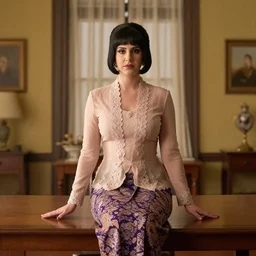 Movie still of Lana del Rey wearing Kebaya sitting on a table, directed by Wes Anderson