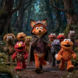 a fox muppet wearing a hooded cloak herding a bunch of random muppet animals following behind through a dark forest, sesame street, photograph, photography, ultrarealistic, national geographic