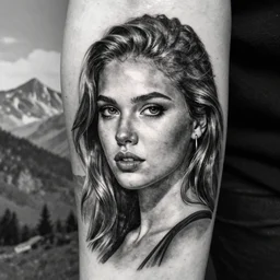 a beautiful girl portrait faded in beautiful mountains, realism tattoo, in the style of den yakovlev, black and white, hyper realistic, highly detailed