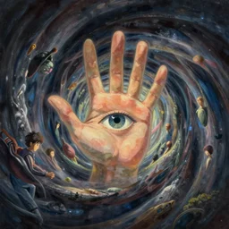 hand with and eye in the center, floating in a spiraling abyss, scifi, painted by pedro correa, cory loftis, james gilleard, atey ghailan, makoto shinkai, goro fujita, studio ghibli