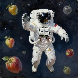 an astronaut floating in space, fruits are floating around him, oil painting