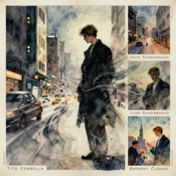 1920s art deco watercolor by Tito Corbella, moody, a lonely figure enshrouded in a surrealist representation of quick frenzied motional blur movement of the city, by Mark Tennant by Igor Scherbakov by Anthony Cudahy, vintage postcard illustration by Mitchell Hooks