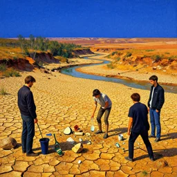 the 👽 crash site at a dry river bed in a barren 🏜 by ivan shishkin and zacharias aagaard and simon stalenhag and josan gonzalez and escher, chiaroscuro, tonalism, sfumato, high saturation, high contrast, vibrant, retrowave
