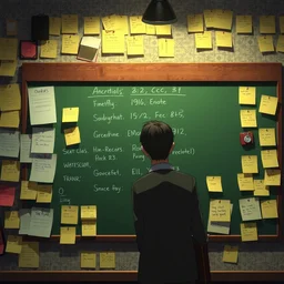 a wholesome animation key shot of a wall full of notes and sticky notes, a large detective blackboard, hipster vibes by studio ghibli, animation, sharp, rendered in unreal engine 5, focused, anime key art by greg rutkowski, bloom, dramatic lighting
