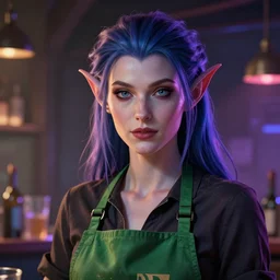 detailed character full face portrait of a green apron barista blood elf artgerm greg rutkowski mucha ross tran magical atmosphere neon colors