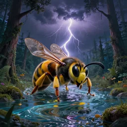 crazy wasp, cinematic lighting, magical forest, thunderstorm, flood, rivers of paint, fantasy landscape, thought provoking, award winning, artstation, exquisite, art by alison watt, altichiero, americo makk, arthur hughes