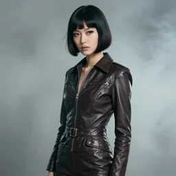 moody, youthful asian blade runner demure, 3 5 mm, exquisite features, feminine cut, pris mascara, 1 9 7 0's frontiers in flight leather suit, roger deakins, smoke, grain, misty