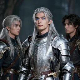 in the center of the frame is vanyel ashkevron, looking off into the distance with a wistful expression. he has long silver hair and shining blue eyes. he is wearing his trademark silver armor and has his longsword strapped to his side. to his left is tylendel, his best friend and lover, who died tragically. tylendel is looking at vanyel with