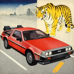 a red delorean and yellow tiger, art by hsiao - ron cheng and utagawa kunisada, magazine collage, no humans, # de 9 5 f 0