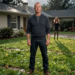 bruce willis stands in his front yard after a storm has wiped away his lawn. a sexy woman stands barley visible in the distance