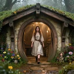 beautiful brunette girl in a medieval hobbit home, ornate, beautiful, atmosphere, vibe, mist, rain, wet, puddles, forest, flowers, concept art illustration, color page, 4 k, tone mapping, doll, krenz cushart, akihiko yoshida, james jean, andrei riabovitchev, marc simonetti, yoshitaka amano, digital illustration, greg rutowski, volumetric lighting, sunbeams, particles