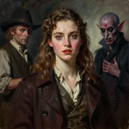 realistic portrait beautiful painting from scene in the good, the bad and the ugly movie, when human is vampir in this world. horror, created by thomas kinkade and gustave courbet.