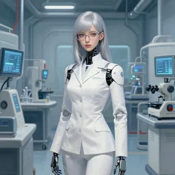 a scientist android girl with silver hair wearing white suit and glasses, standing inside a research facility by artgerm and wlop and stephan martiniere, painterly
