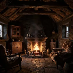 rendering of interior of a hebrides crofter's black house dwelling in scotland, 1 8 0 0 s, cozy, open peat fire in center of room, stone floor, smoke, cabinets, wooden furtniture, low low ceiling, turf roof, small windows, volumetric lighting, dark, dark, dingy, old, unreal engine render