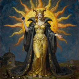 evil magnificent gorgeous queen of the sun, showing her true form, full body by zdzisław beksiński and jeffrey smith, oil on canvas, 8k high quality and resolution, professionally detailed, trending on artstation