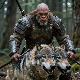vfx movie closeup detailed ancient armored warrior orc hunting riding large wolf in the forest, natural lighting by emmanuel lubezki