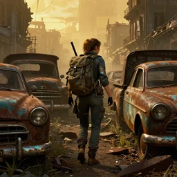 fallout 5, ponytailed, backpacking female protagonist wandering through ruined city environment, rusted vintage cars and trucks, mysterious atmospheric lighting, matte painting, intricate, iridescent, volumetric lighting, beautiful, rich deep colours masterpiece, fog golden hour, golden ratio, sharp focus, ultra detailed, by leesha hannigan, ross tran, thierry doizon, kai carpenter, ignacio fernandez rios