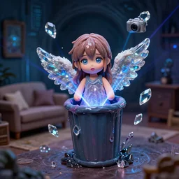 plasticine wet shiny angels, crystal, moonlit, mirrors, camera angled dramatically, realistic, neon lasers, anime eyes and lips, close up, diorama portrait of a trashcan being abducted by aliens in the living room of a house, floating dark energy surrounds them. there is one large trashcan to the side of the room, a wormhole surrounded by a background of dark cyber mystic