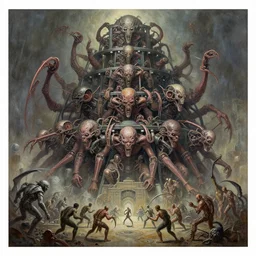 oil paint of 1 1 horrifying machines as mainframe terror or evil inside flayed gods in tiers, colossal medical gangrene machines in tiers, dethroning / we machines / melee, battle pit, by shigeru komatsuzaki, by alberto bontempi, basil gogos, wayne d barlowe, stefano tamburini, ember light, muted colors, epic, hyper