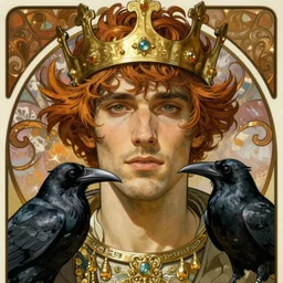 realistic detailed face portrait of a rugged handsome king with ravens by alphonse mucha, ayami kojima, amano, greg hildebrandt, and mark brooks, male, masculine, art nouveau, neo - gothic, gothic, character concept design