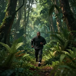 Kanye West running though a jungle, the forest plants environment wide angle cinematic lighting atmospheric realistic octane render highly detailed, octane render, in the style of craig mullins
