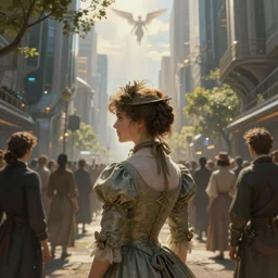 portrait of a victorian lady within a crowd of people in a futuristic city, from behind, streets, angels in the sky, sunlight and rays of light shining through trees, tall buildings on the sides, beautiful, solarpunk!!!, highly detailed, digital painting