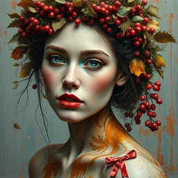 portrait of beautiful female model by irakli nadar with intricate detailed color smashing fluid oil paint and acrylic, red berries and dried moss and dried autumn leaves headdress, haunting, elite, elegant, melting wax, mycelia, abstract impressionism, ruan jia, dark fantasy, hyper detailed, concept art, by gustav klimt,