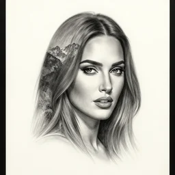 realism tattoo sketch of a megan fox face double exposure mountain scenery, in the style of matteo pasqualin, amazing detail, sharp, faded