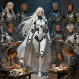 pulp scifi fantasy spot illustrations of various character concepts full body android girl, very long white hair, cape, futuristic design, crafting, diy, by norman rockwell, roberto ferri, daniel gerhartz, edd cartier, jack kirby, howard brown, ruan jia, tom lovell, jacob collins, dean cornwell, astounding stories, amazing, fantasy, other worlds