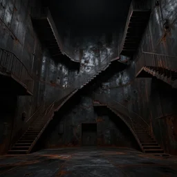 huge room with rusty metallic walls, pitch black, endless staircases everywhere, digital art, concept art, high detail, eerie