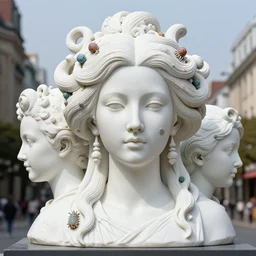 3 d full head and shoulders beautiful white porcelain female, giant street sculpture with microscopic plankton all through her hair, ornate detailed hair, 3 d swirling hair by theodor seuss geisel and daniel arsham and xiang duan