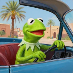 inside car of kermit the frog driving in marrakech, morocco, palm trees, 8 k, octane render, hyperdetailed, illustration, oil painting