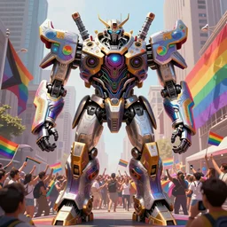 A digital matte intricate illustration concept art of collosal robot mech Ed-209 at a Pride Parade crowd shot inspired art + rainbow colors, symmetry , intricate complexity, epic composition, highly detailed, cinematic lighting + masterpiece, trending on artstation + 8k