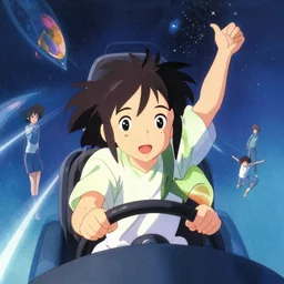 dithered portraitof a young girl driving away in space views from a distance, colorful, cute face by ilya kuvshinov, yoshinari yoh, makoto shinkai, katsura masakazu, dynamic pose, mads berg, ( kyoani ), rounded eyes, illustration, anime poster, anime visual, shading