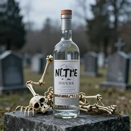 skeleton dreaming of life , graveyard background , botte of vodka