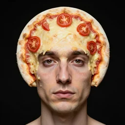 portrait of man with a rare facial deformity making the head flat and circular like a pizza, doughy skin with cheese - like structure, blemishes look like sliced tomatoes, soft lighting, sharp focus, highly symmetrical, black background, masterpiece, case documented by paola agosti